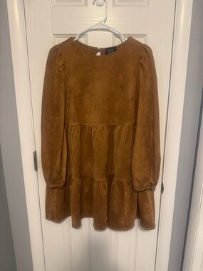 VICI Faux Suede Rust Brown Tiered Long-Sleeve Dress